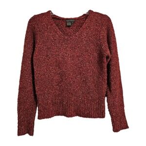 Royal Robbins Sweater Women S Red V-Neck Boucle Knit Pullover Marl Textured Long